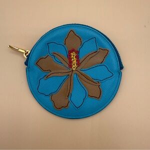 Prada Saffiano Leather Blue Brown Round Coin Purse Pouch with Hibiscus Motif